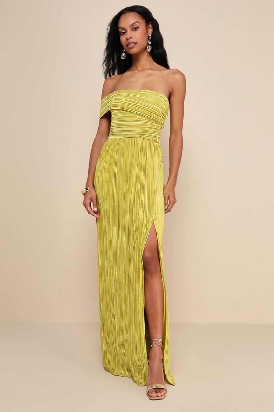 NWT Lulus Poised Performance Chartreuse Plisse One-Shoulder Maxi Dress Party XS
